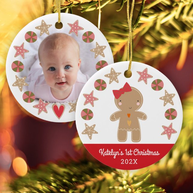 Photo First Christmas Gingerbread Baby Girl Red Ceramic Tree Decoration (Creator Uploaded)