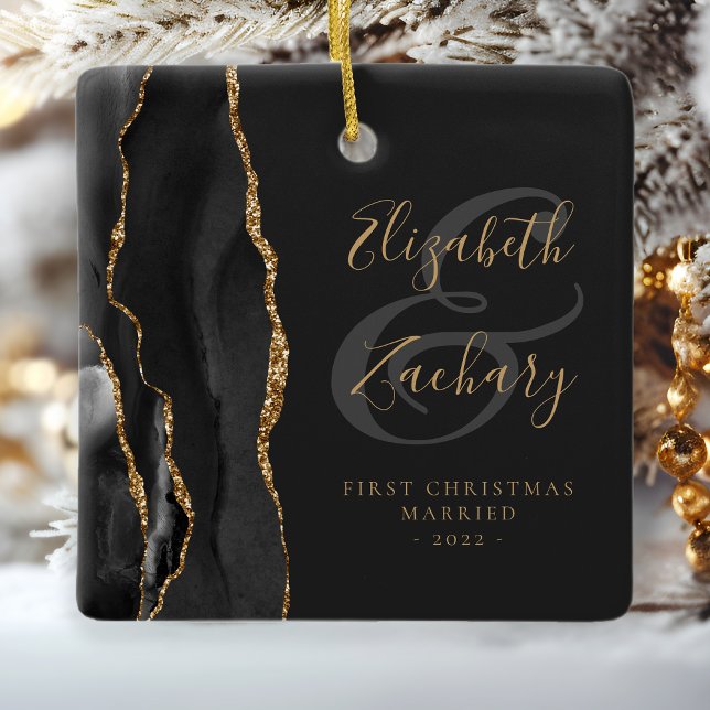 Photo First Christmas Married Black Agate Gold Ceramic Ornament (Creator Uploaded)