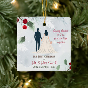 Photo First Christmas Married Couple Ceramic Ornament