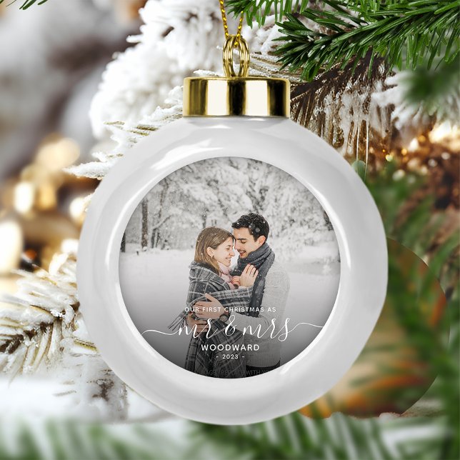 Photo First Christmas Married White Script Ceramic Ball Christmas Ornament (Creator Uploaded)