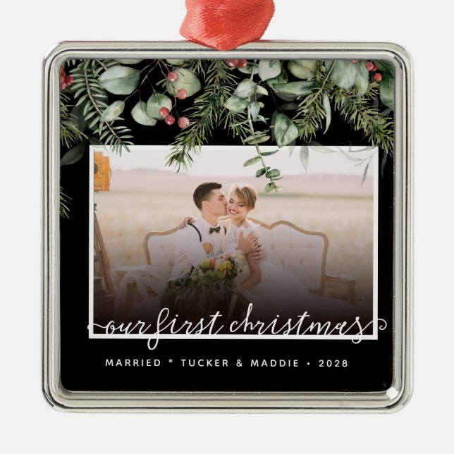  Photo First Christmas Married Winter Greenery  Metal Tree Decoration (Front)