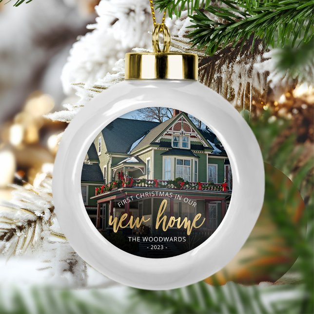 Photo First Christmas New Home Gold Script Ceramic Ball Christmas Ornament (Creator Uploaded)