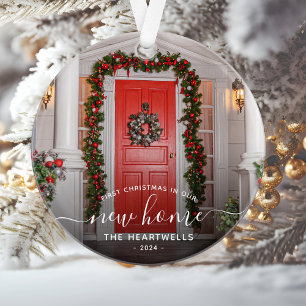Photo First Christmas New Home White Script Ornament