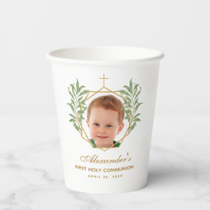 Photo First Communion Greenery Botanical Geometric Paper Cups