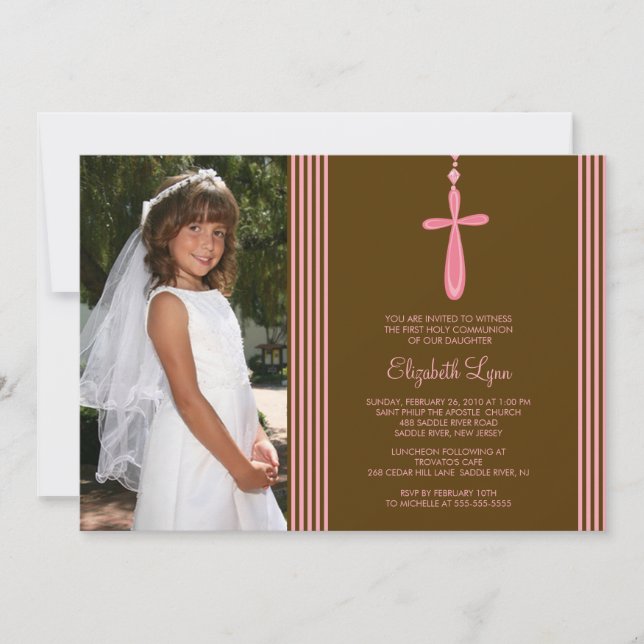 Photo First Communion Invitation Pink Cross (Front)
