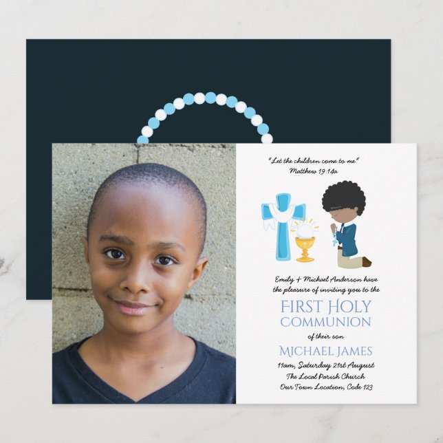 PHOTO First Holy Communion Invites Black BOY (Front/Back)