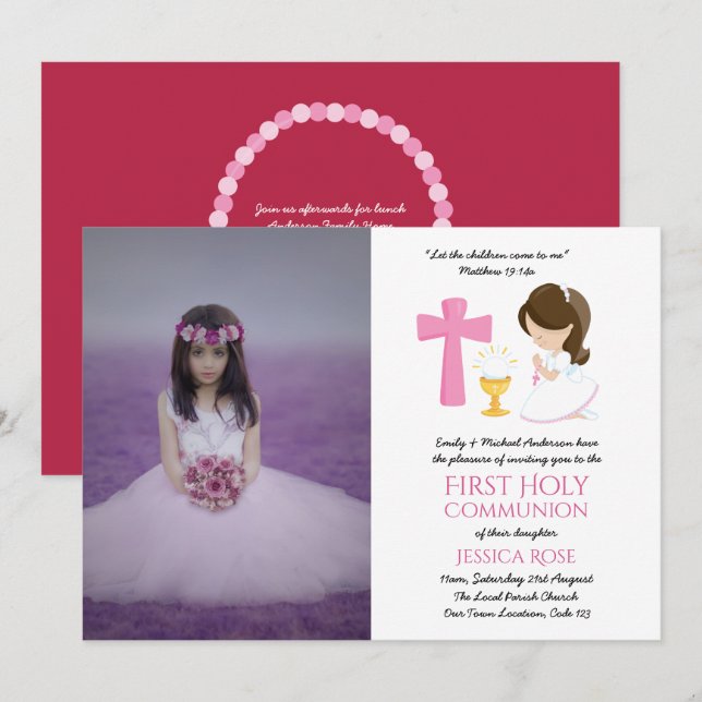 PHOTO First Holy Communion Invites Girl BRUNETTE (Front/Back)