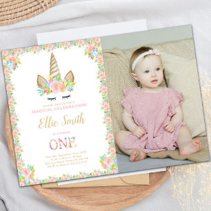 Photo First Unicorn Birthday Invitations