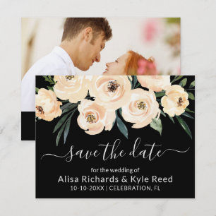 Photo Floral Beige Blush Gold Black Save the Date Announcement