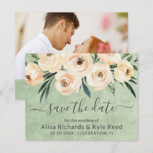 Photo Floral Beige Blush Gold Green Save the Date Announcement