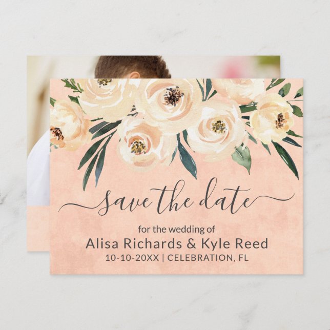 Photo Floral Beige Blush Roses Gold Announcement (Front/Back)