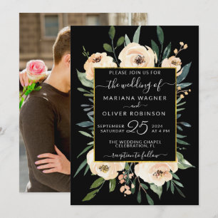 Photo Floral Beige Blush Roses Gold Black Wedding Invitation