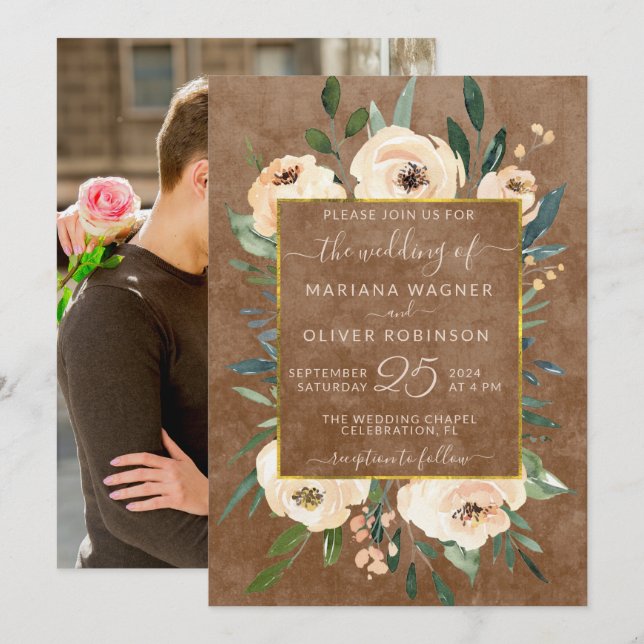 Photo Floral Beige Blush Roses Gold Brown Wedding Invitation (Front/Back)