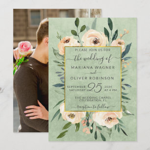 Photo Floral Beige Blush Roses Gold Sage Wedding Invitation