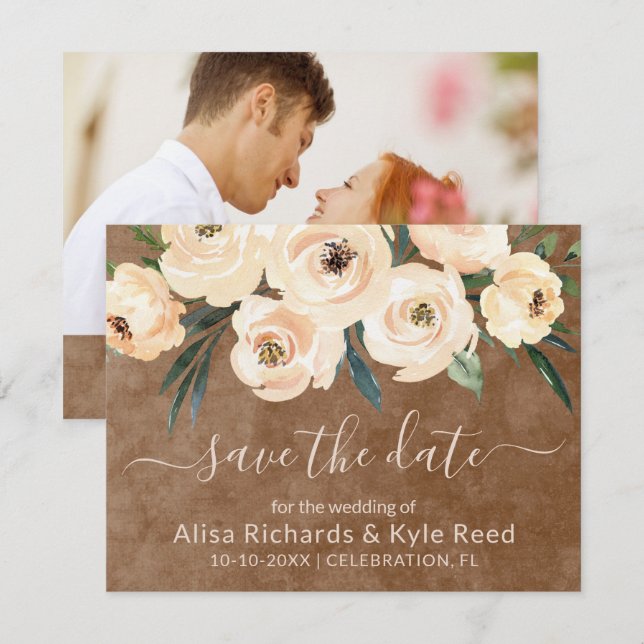 Photo Floral Beige Gold Brown Save the Date  Announcement (Front/Back)