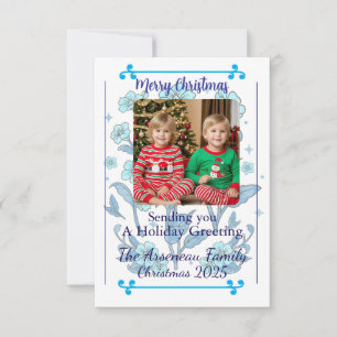 Photo Floral Blue Faded Holiday Card Personalise