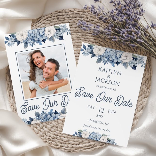 Photo Floral Blue Hydrangea Wedding Save The Date  Invitation (Floral Blue Hydrangea Wedding Save the Date Card)