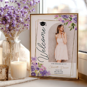 Photo Floral Boho purple gold script graduation Poster