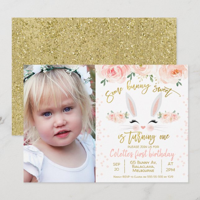 Photo floral bunny face 1st Birthday Invitation (Front/Back)
