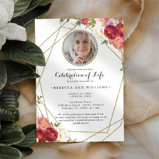 Photo Floral Burgundy Blush Celebration of Life Invitation