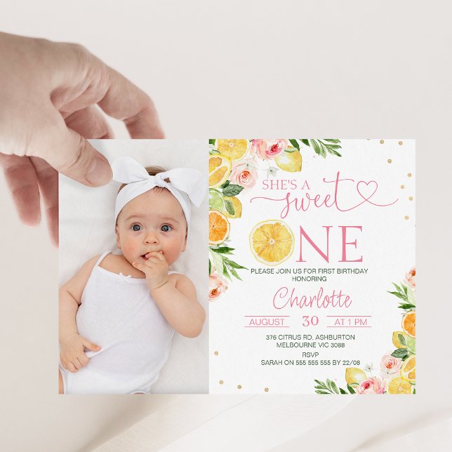 Photo Floral Citrus She's A Sweet One 1st Birthday Invitation (SWEET ONE birthday invitation, Summer 1st Birthday Invite, Fruit 1st Birthday Invitation, Sweet One )
