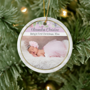 Photo Floral Double Sided 2 Picture Baby First Ceramic Tree Decoration