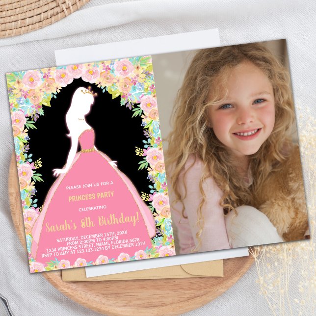 Photo Floral Glitter Black Pink Princess Birthday Invitation (Photo Floral Glitter Black Pink Princess Birthday Invitation)