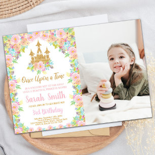 Photo Floral Glitter Golden Princess Birthday Invitation