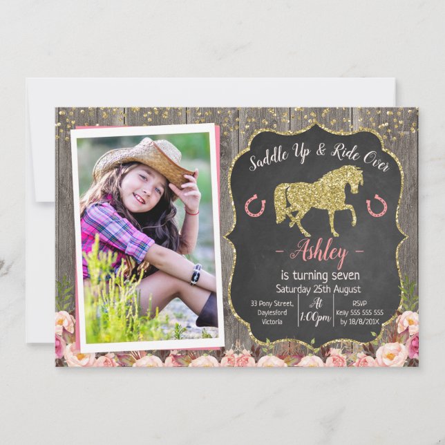 Photo Floral Glitter Horse Birthday Invitation (Front)