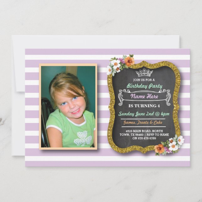 Photo Floral Gold Crown Purple Birthday Invite (Front)