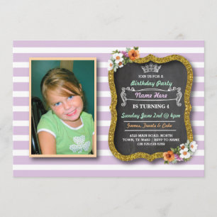 Photo Floral Gold Crown Purple Birthday Invite