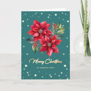 Photo Floral Green Watercolor Merry Christmas Card