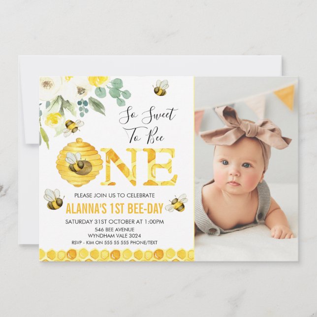 Photo Floral Honey Bee First Bee-day Birthday Invitation (Front)