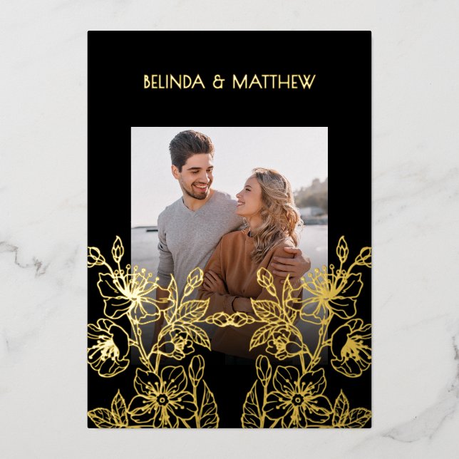 Photo Floral Line Art Black Gold Wedding (Front)