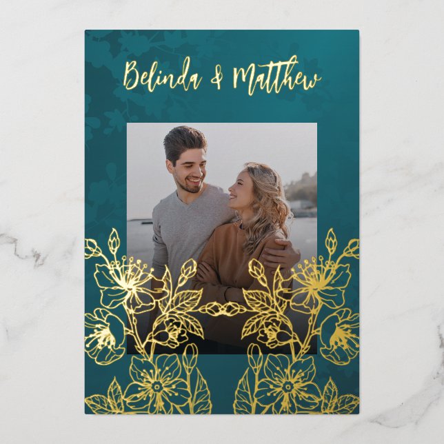 Photo Floral Line Art Gold Wedding (Front)