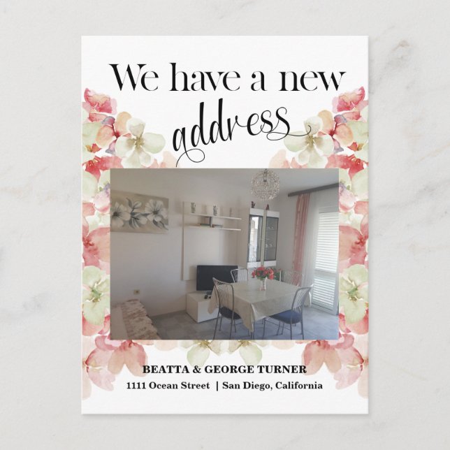 Photo Floral New Home Address, Announcement Postcard (Front)
