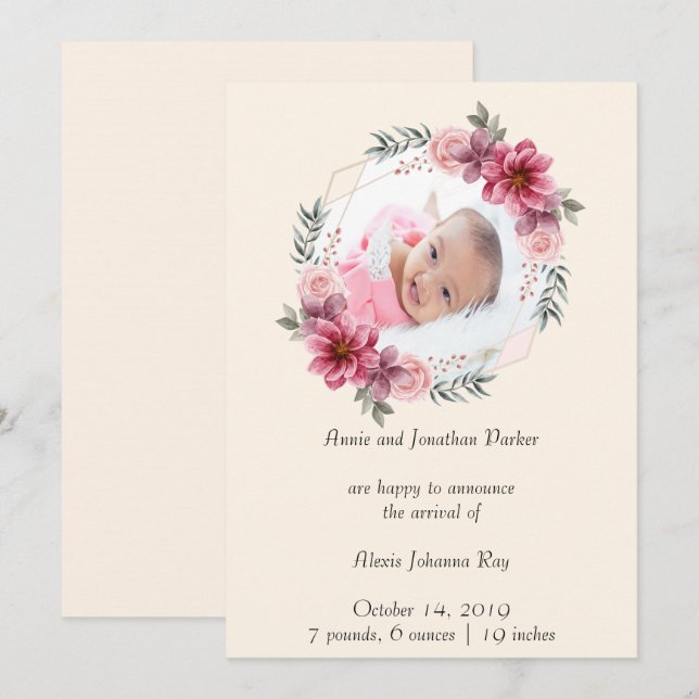 Photo Floral Newborn Birth Announcement (Front/Back)