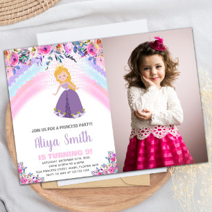 Photo Floral Pink Princess Birthday Invitations