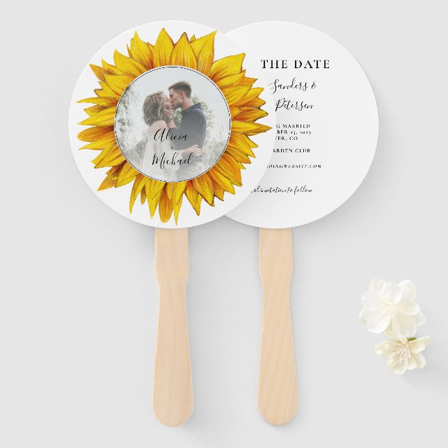 Photo floral rustic chic wedding save the date hand fan (Front and Back)