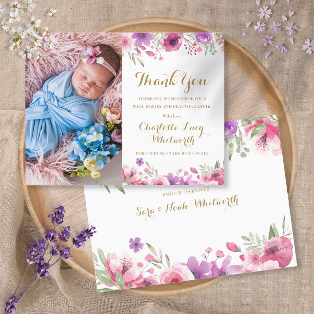 Photo Floral Script Thank You Birth Announcement  (Creator Uploaded)