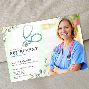 Photo Floral Stethoscope Doctor Nurse Retirement Invitation