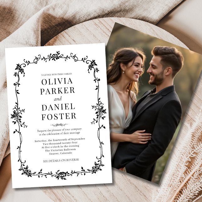 Photo Floral Victorian French Black White Wedding  Invitation (Creator Uploaded)