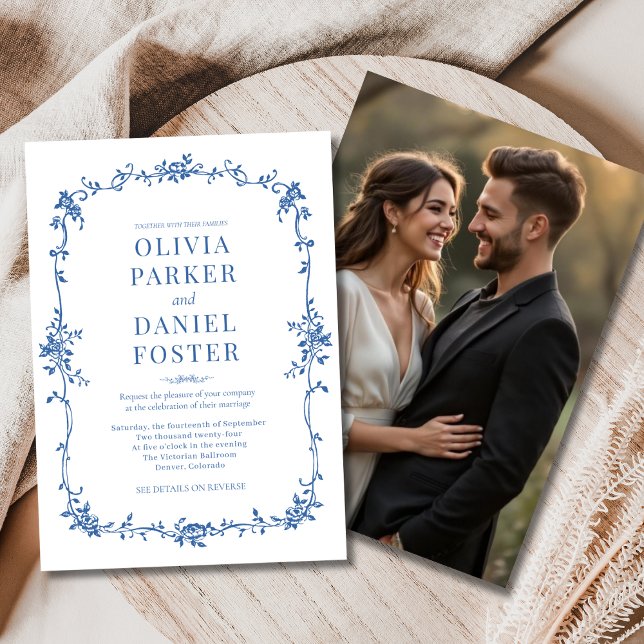 Photo Floral Victorian French Royal Blue Wedding  Invitation (Creator Uploaded)