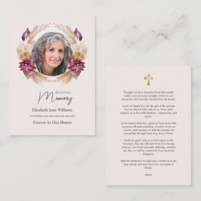 Photo Floral Wreath Funeral Memorial Prayer   Card (Front/Back)