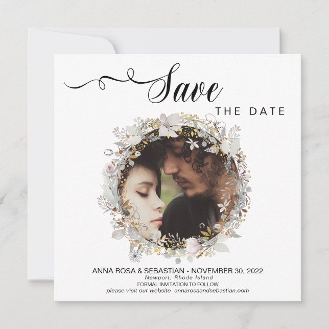 *~* PHOTO Floral Wreath Gold Wedding Save The Date (Front)