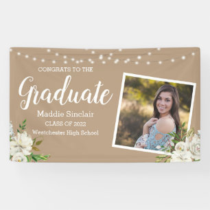 Photo Flowers String Lights Graduation Tan Banner