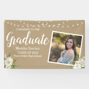 Photo Flowers String Lights Tan Graduation Banner