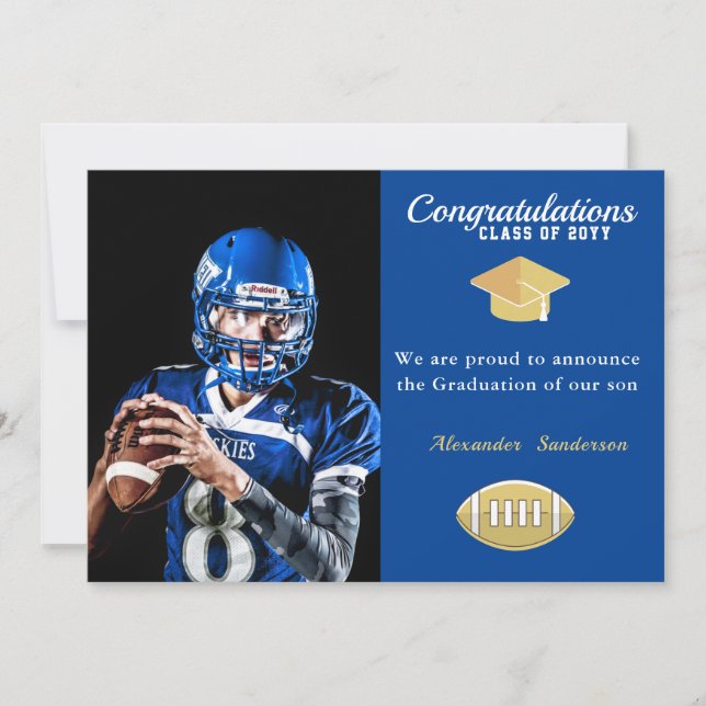 Photo Football player blue graduation   Invitation (Front)