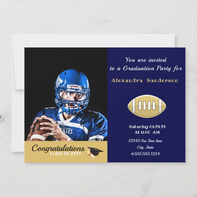 Photo Football player graduation party navy blue  Invitation (Front)
