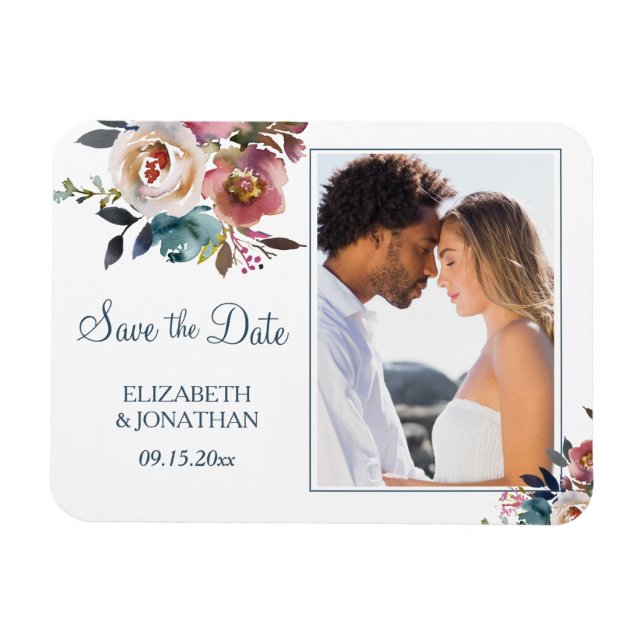 Photo Formal Dusty Blue Wine Burgundy Floral Magnet (Horizontal)